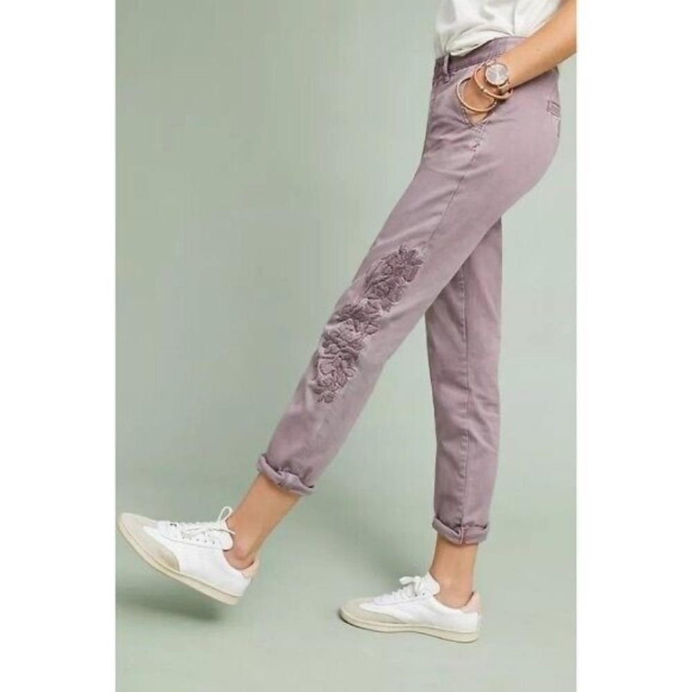 Anthropologie CHINO Pants Relaxed Fit Embroidered Lavender Purple SZ 25 EUC
